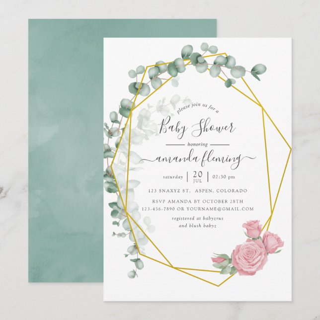 Watercolor Eucalyptus Rose Geometric Baby Shower Invitation (Front/Back)