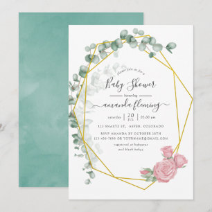 Watercolor Eucalyptus Rose Geometric Baby Shower Invitation