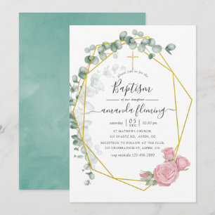Watercolor Eucalyptus Rose Geometric Baptism Invitation