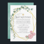 Watercolor Eucalyptus Rose Geometric Bat Mitzvah Invitation<br><div class="desc">Trendy geometric eucalyptus greenery and blush pink roses bat mitzvah invitation with gold geometric frame and mint watercolor wash reverse.</div>