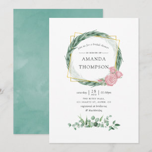 Watercolor Eucalyptus Rose Geometric Bridal Shower Invitation