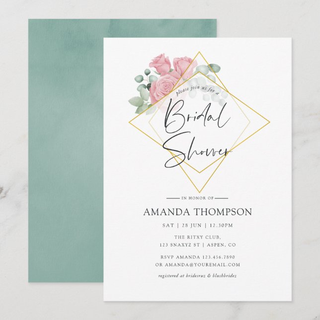 Watercolor Eucalyptus Rose Geometric Bridal Shower Invitation (Front/Back)