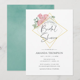 Watercolor Eucalyptus Rose Geometric Bridal Shower Invitation