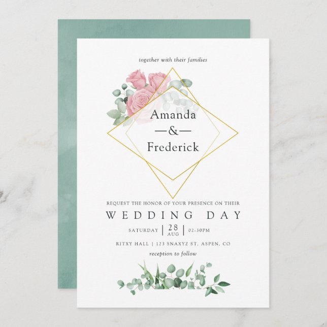 Watercolor Eucalyptus Rose Geometric Wedding Invitation (Front/Back)