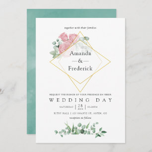 Watercolor Eucalyptus Rose Geometric Wedding Invitation