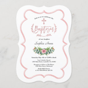 Watercolor Eucalyptus Rose Gold Cross Baptism Invitation