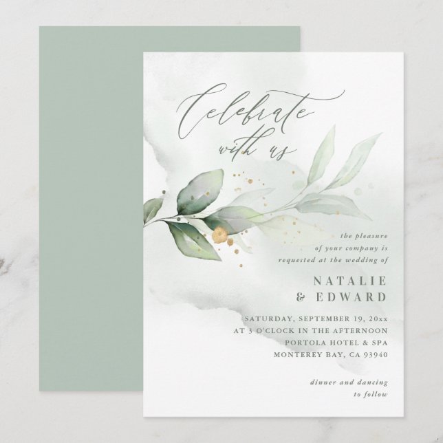 Watercolor eucalyptus sage green gold wedding (Front/Back)