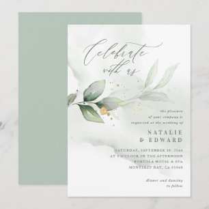 Watercolor eucalyptus sage green gold wedding