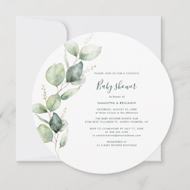 Watercolor Eucalyptus Script Baby Shower Invitation (Front)