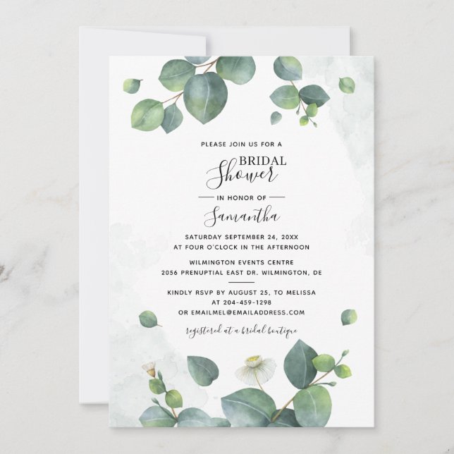 Watercolor Eucalyptus Script Bridal Shower Invitation (Front)