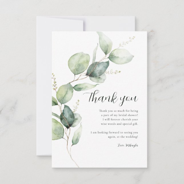 Watercolor Eucalyptus Script Bridal Shower Thank You Card (Front)