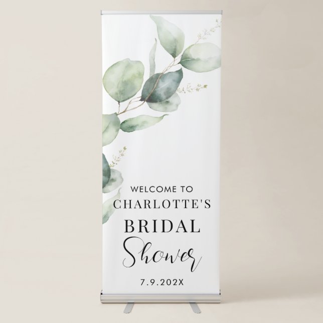 Watercolor Eucalyptus Script Bridal Shower Welcome Retractable Banner (Front)