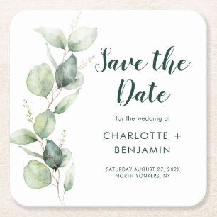 Watercolor Eucalyptus Script Wedding Save the Date Square Paper Coaster