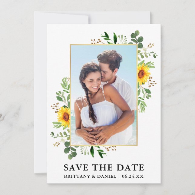 Watercolor Eucalyptus Sunflower Save The Date Card (Front)