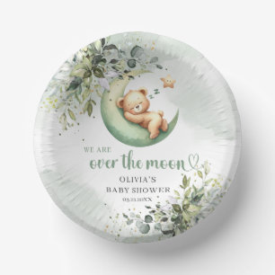 Watercolor eucalyptus teddy bear over the moon paper plate