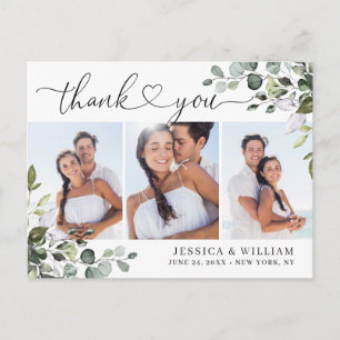 Watercolor Eucalyptus Wedding 3 Photo Thank You Postcard