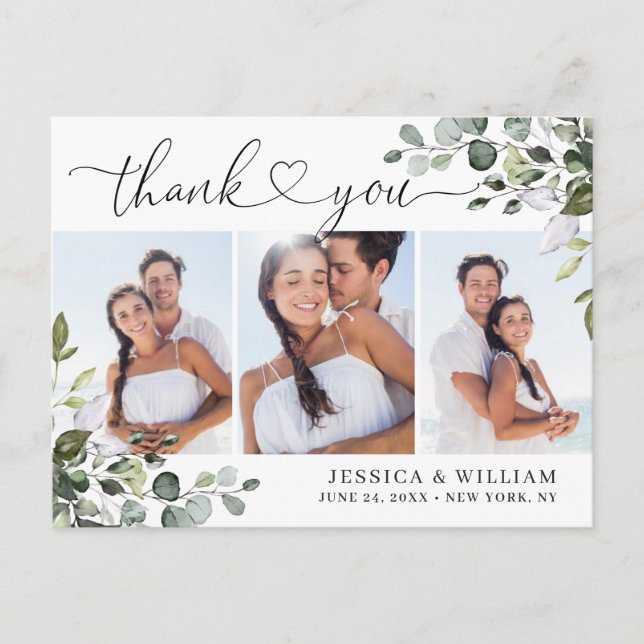 Watercolor Eucalyptus Wedding 3 Photo Thank You Postcard (Front)