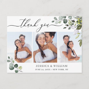 Watercolor Eucalyptus Wedding 3 Photo Thank You Postcard