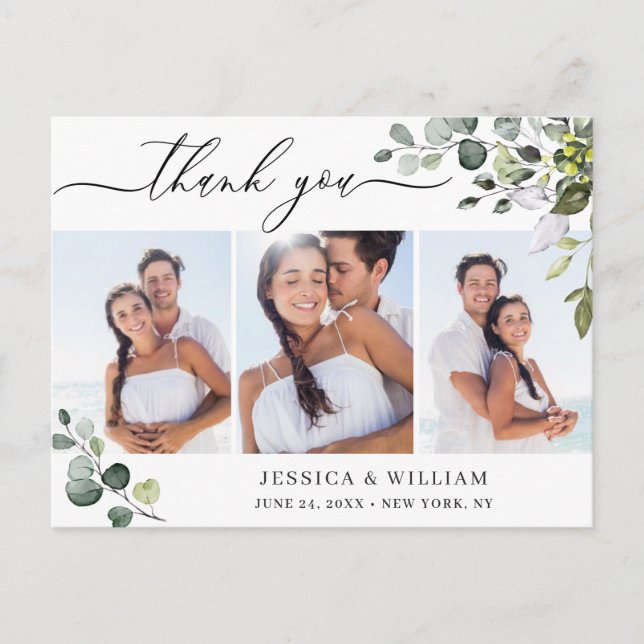 Watercolor Eucalyptus Wedding 3 Photo Thank You Postcard (Front)