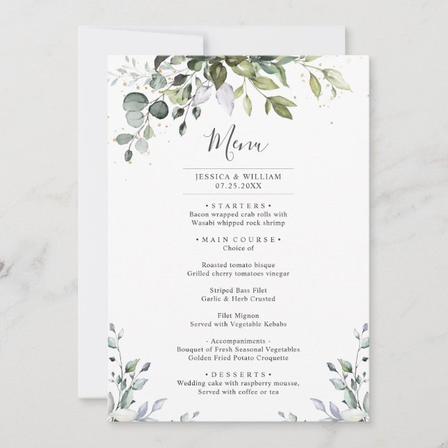 Watercolor Eucalyptus Wedding Dinner Menu Card (Front)