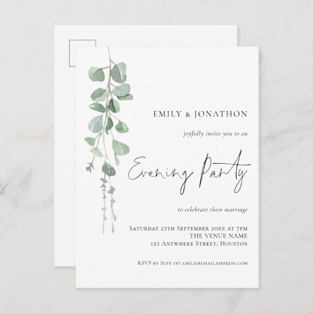 Watercolor Eucalyptus Wedding Evening Party  Invitation Postcard (Front/Back)