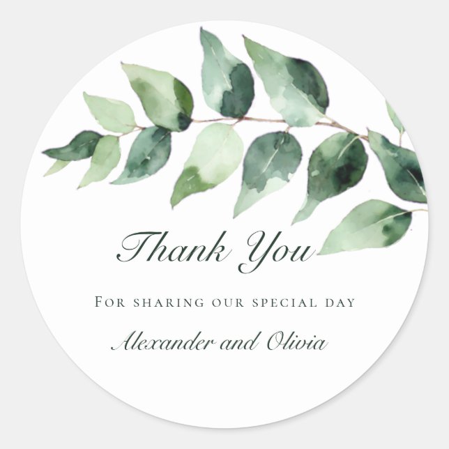 Watercolor Eucalyptus Wedding Favor | White Classic Round Sticker (Front)