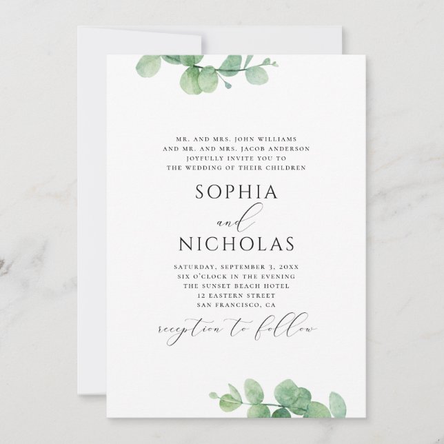 Watercolor eucalyptus wedding. Greenery foliage Invitation (Front)