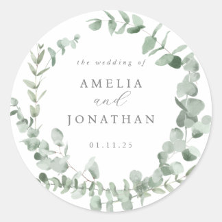 Watercolor Eucalyptus Wedding Invitation Classic Round Sticker