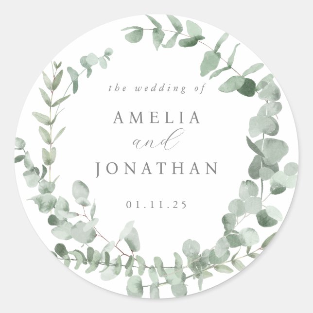 Watercolor Eucalyptus Wedding Invitation Classic Round Sticker (Front)