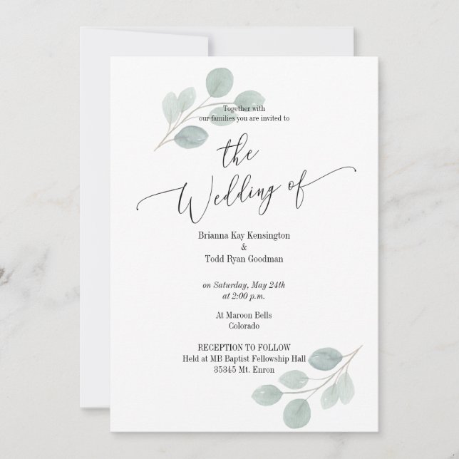 Watercolor Eucalyptus Wedding Invitation no photo (Front)