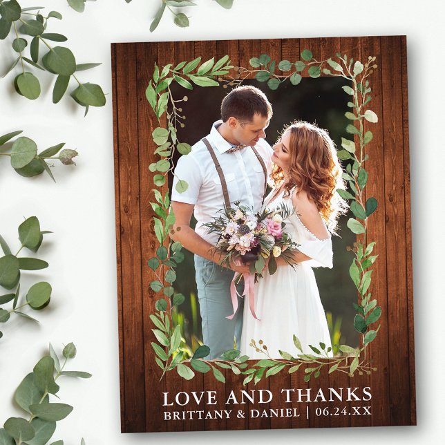 Watercolor Eucalyptus Wedding Love Thanks Wood Postcard (Customize to change text size or text style.)