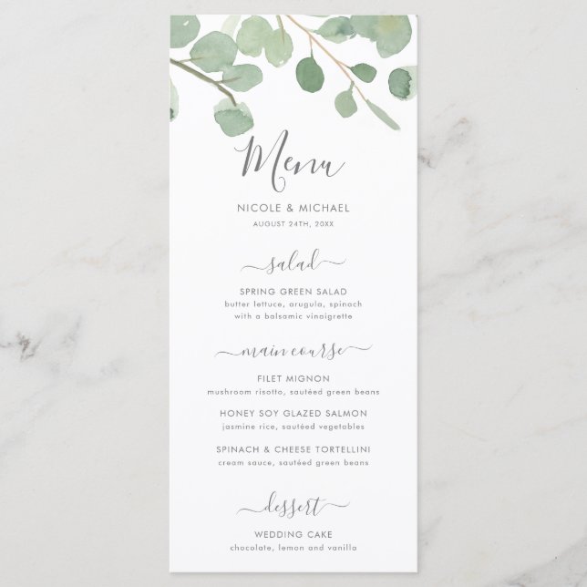 Watercolor Eucalyptus Wedding Menu (Front)