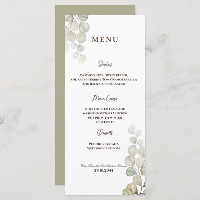 Watercolor Eucalyptus Wedding Menu (Front/Back)