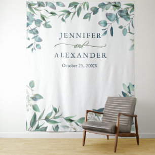 Watercolor Eucalyptus Wedding Photo Booth Backdrop Tapestry