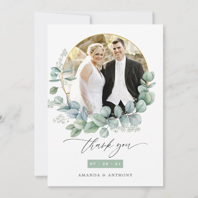 Watercolor Eucalyptus Wedding Photo Collage Thank You Card (Front)