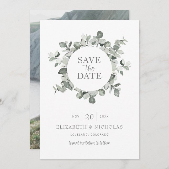 Watercolor Eucalyptus Wedding Photo Save The Date (Front/Back)