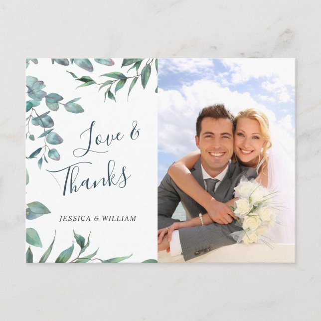 Watercolor Eucalyptus Wedding Photo Thank You Postcard (Front)