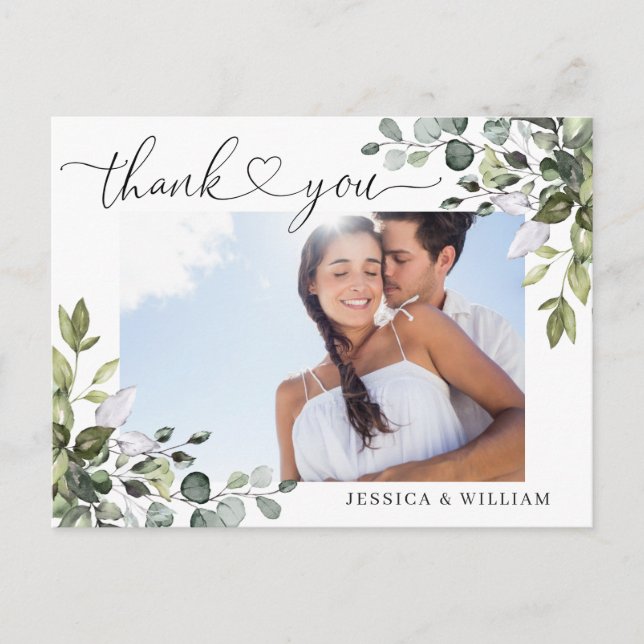 Watercolor Eucalyptus Wedding Photo Thank You Postcard (Front)