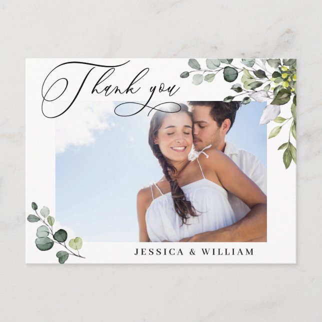 Watercolor Eucalyptus Wedding Photo Thank You Postcard (Front)