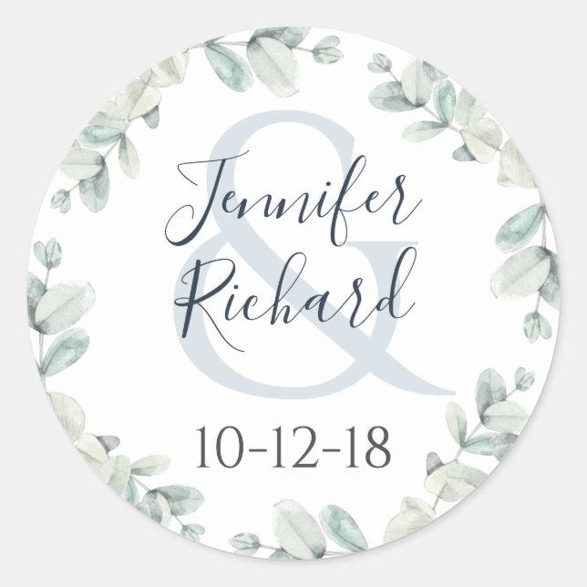 Watercolor Eucalyptus Wedding Round Sticker (Front)
