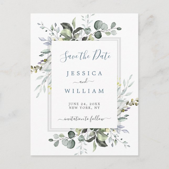 Watercolor Eucalyptus  Wedding Save the Date Announcement Postcard (Front)