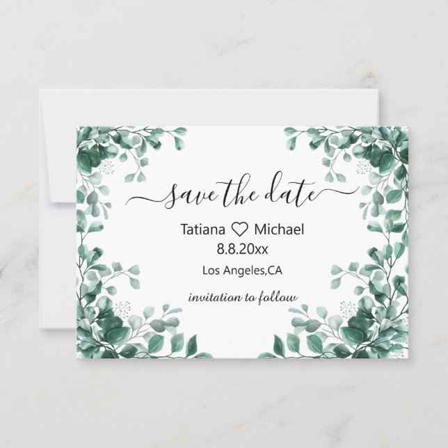  watercolor eucalyptus wedding save the date invitation (Front)
