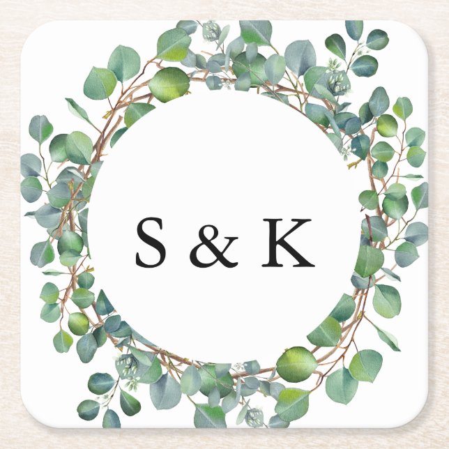 Watercolor Eucalyptus Wedding Square Paper Coaster (Front)
