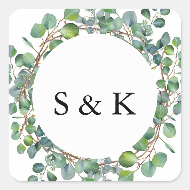 Watercolor Eucalyptus Wedding Square Sticker (Front)