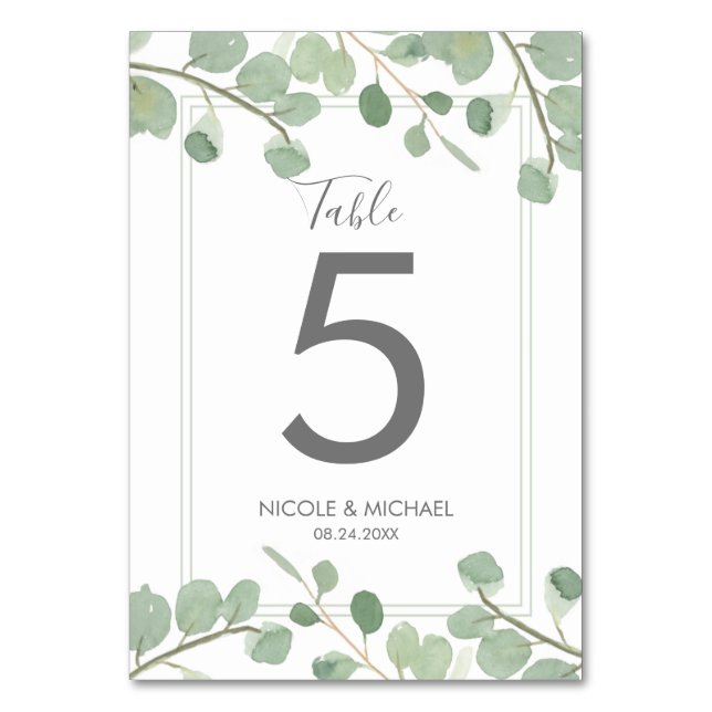 Watercolor Eucalyptus Wedding Table Number (Front)