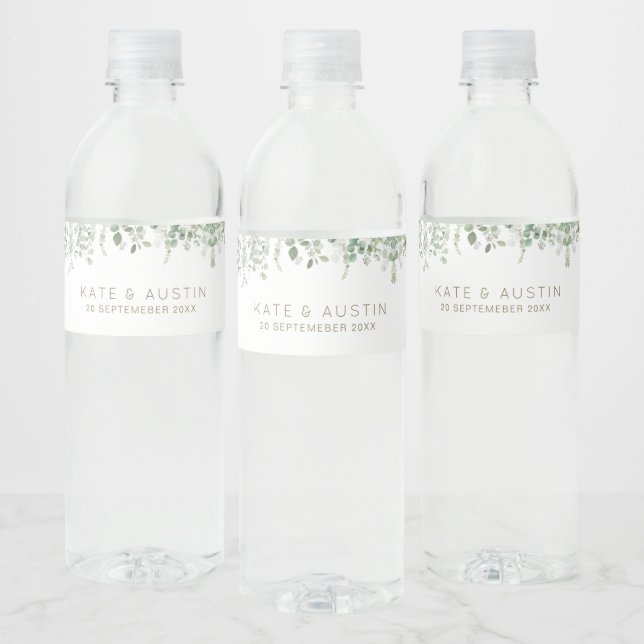 watercolor eucalyptus wedding water bottle label (Bottles)