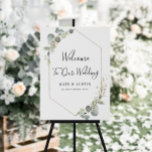 watercolor eucalyptus wedding welcome sign<br><div class="desc">A geometric design with watercolor eucalyptus greenery leaves with an elegant geometric frame. The text and colours on this wedding sign poster can be edited.</div>