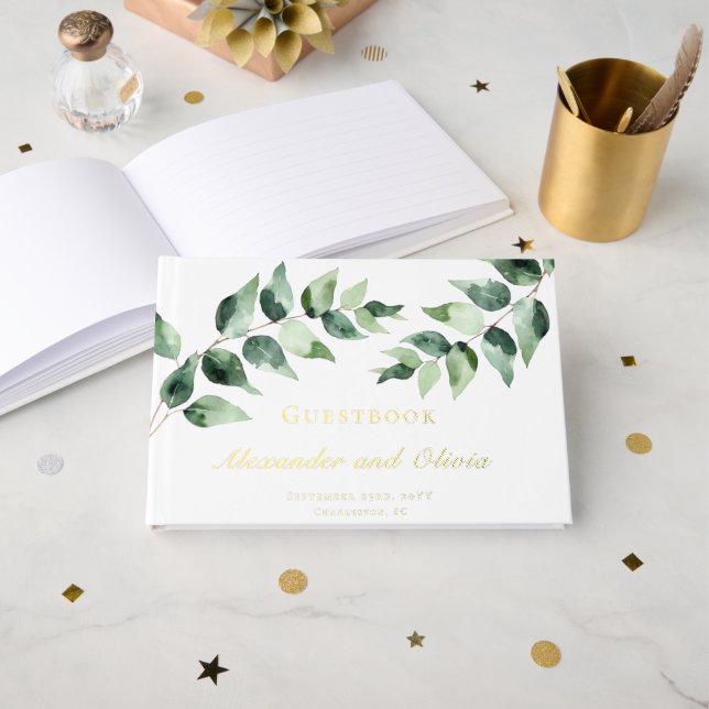 Watercolor Eucalyptus Wedding | White Guest Book (Front Open)
