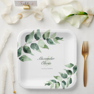 Watercolor Eucalyptus Wedding White Paper Plate