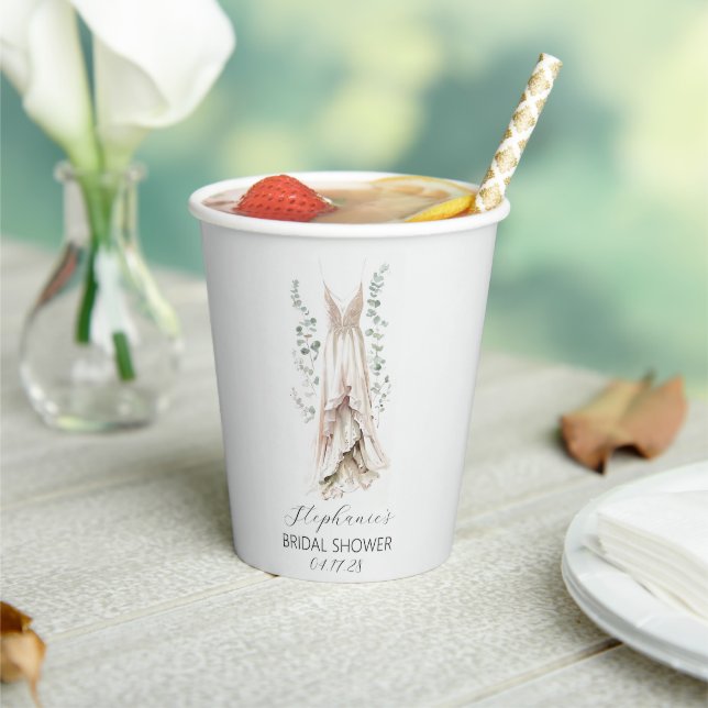 Watercolor Eucalyptus & White Dress Bridal Shower  Paper Cups (Insitu)